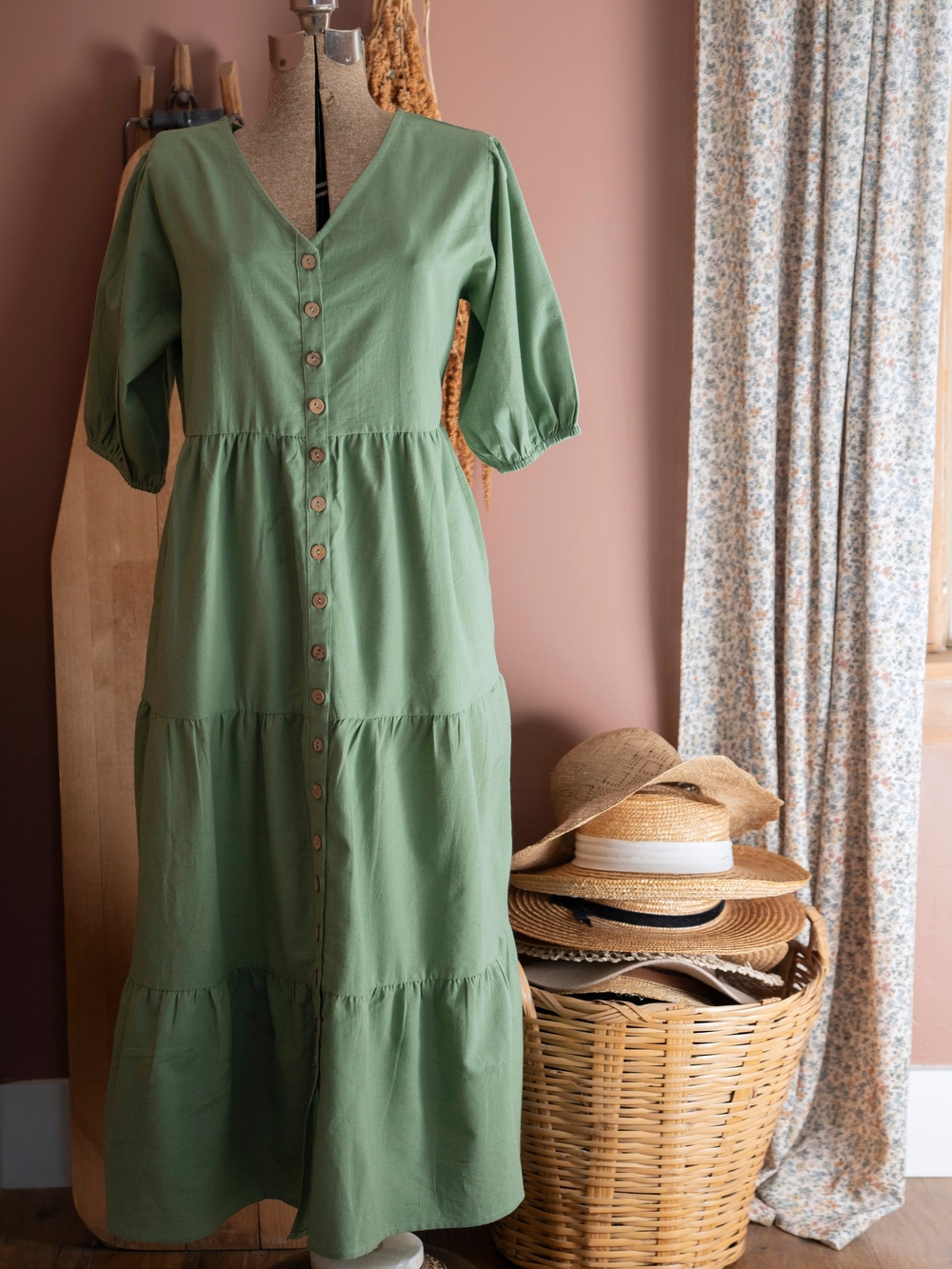 Pine- Green Button-Front Tiered Maxi Dress - Brand: Little COTTONWOOD